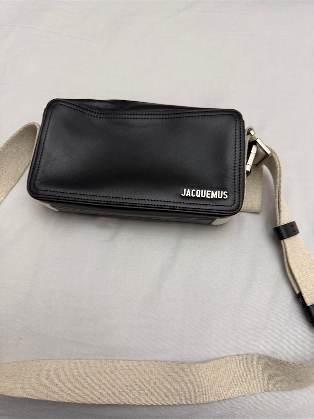 Jacquemus Black Leather Belt Bag with Cream Strap